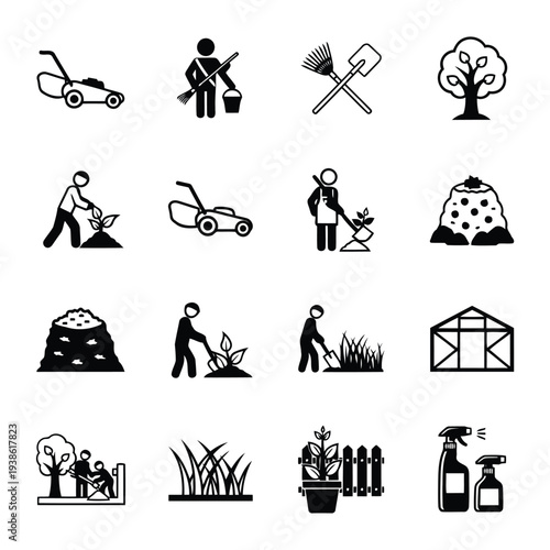 Gardening icons showcasing various activities and tools in a simple illustration style
