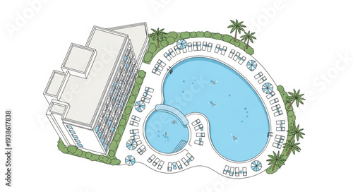 Architectural drawing of a modern resort complex with swimming pool.