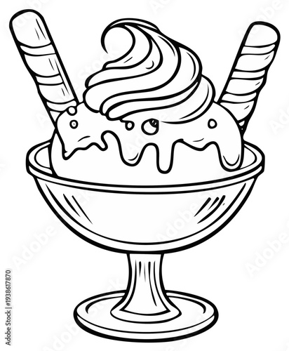 Black and white ice cream sundae in a glass bowl with wafer sticks dessert