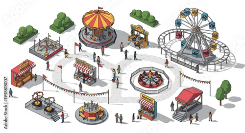 Amusement Park Rides and Stalls Isometric Illustration.