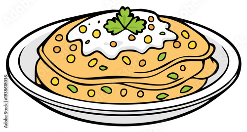 Illustration of a stack of savory pancakes topped with sour cream and herbs