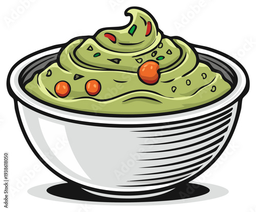 Bowl of Guacamole Dip Illustration Smooth Avocado Dip Bowl Appetizer Fresh Vegetable Toppings Delicious Party Snack