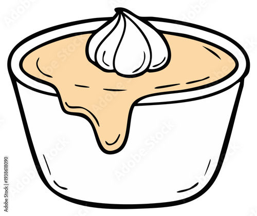 Cartoon dessert bowl with creamy topping and flowing custard