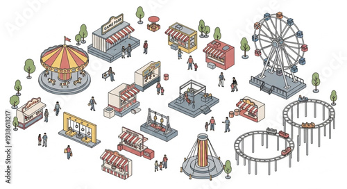 Amusement Park Isometric Illustration with Rides and Stalls.