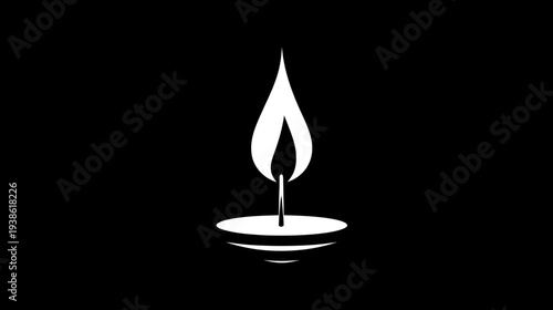 A white candle burns brightly against a black backdrop, reflecting in its circular base