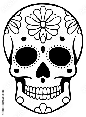 Black and white sugar skull illustration with floral and dot details, Day of the Dead design