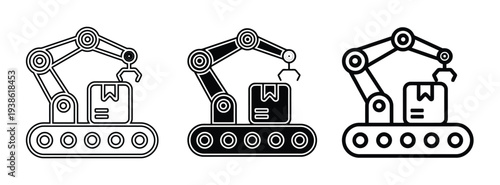 Three Line Art Robotic Arm Icons Lifting Shipping Box on Conveyor Belt