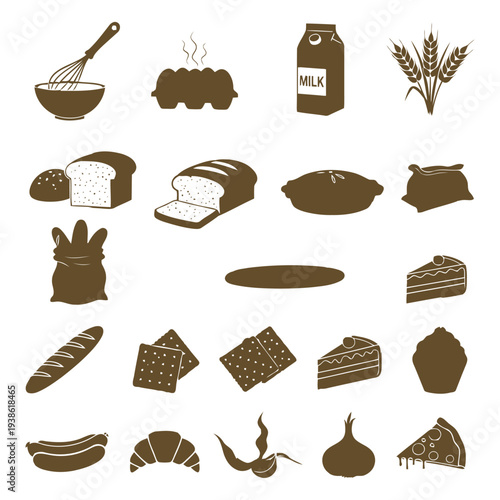 Assorted bread and ingredients icons set, baking elements, kitchen utensils, food illustration