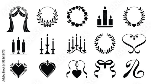 Black vector wedding icons set with hearts candles and floral wreaths on white background for valentine's day or marriage design
