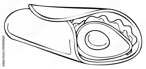 Outline Illustration of a Wrapped Burrito with Filling and Tortilla Detail Line Art