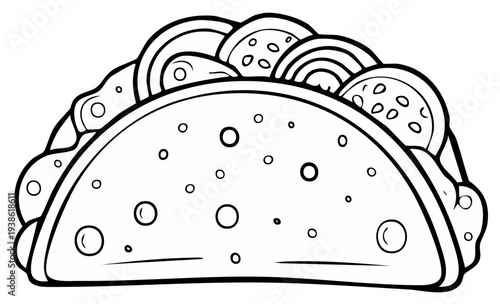 Black and white illustration of a delicious taco filled with toppings, drawing