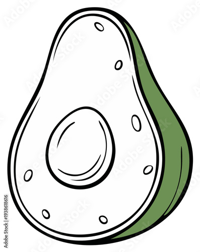 Simple cartoon illustration of a sliced avocado with a pit showing its internal details