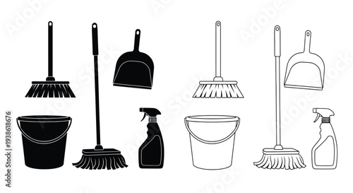 Cleaning tools arranged in a simple black and white silhouette