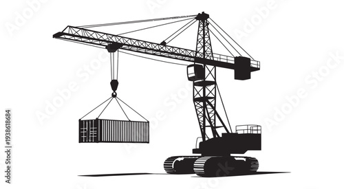 Construction Crane Silhouette, black silhouette of crane lifting container, vector illustration isolated on white background, industrial, shipping, and construction design