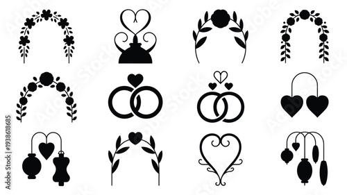 Collection of 12 elegant wedding decor icons with hearts rings and flowers in black silhouette on white background for marriage invitations and decorations