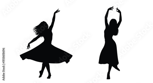 Two women dancing with flowing dresses a striking black silhouette