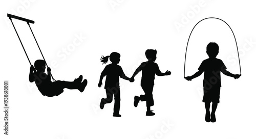 Children playing with a swing and jump rope a dark silhouette