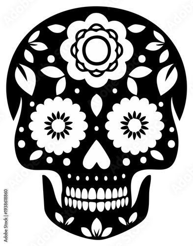 Black and white sugar skull with floral design for Day of the Dead celebration