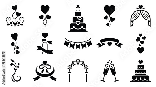 Wedding icons and symbols in black on white background vector illustration set