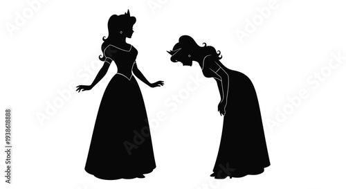 Two women in formal dresses bowing distinct black silhouette