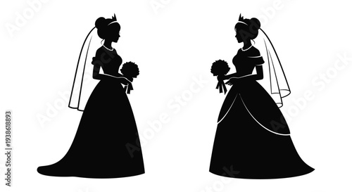 Two brides in wedding dresses facing each other black silhouette