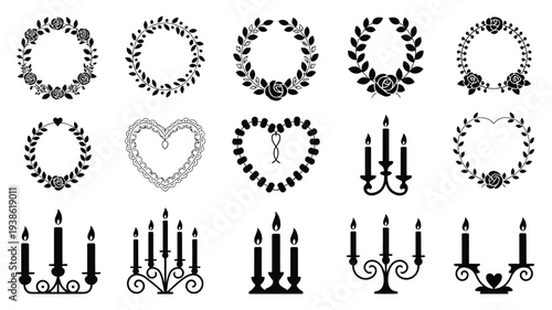 Vector illustration of black and white floral wreaths heart shapes and candelabras for design