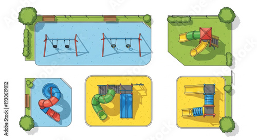 Top view of colorful playground equipment and park elements.