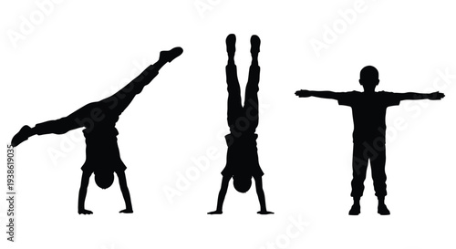 Three boys in dynamic poses against a white background silhouette