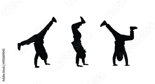 Three figures performing handstands in a dynamic sequence silhouette