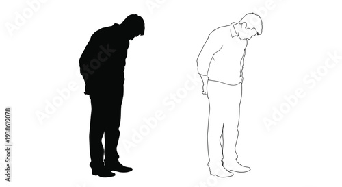 Two depictions of a bending man one solid black silhouette