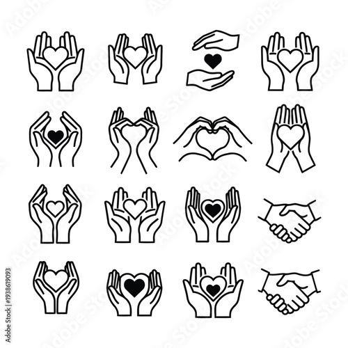 Illustration of hands forming hearts and holding hands, symbolizing love and unity in a minimalist style.