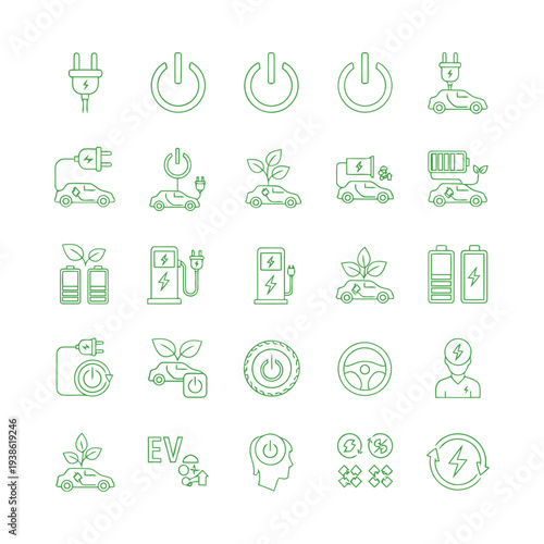 Collection of green icons representing technology and sustainability concepts on a clean background