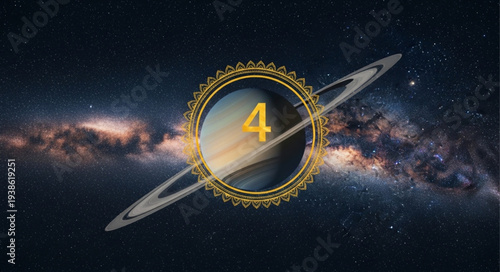 Planet Saturn with number 4 in a decorative frame against the Milky Way galaxy.