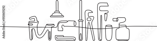 continuous line of plumbing repair supplies.one line drawing of tools for repairing piping. one line art icon drawing vector