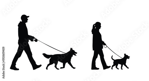 People walking dogs on a path a striking black silhouette