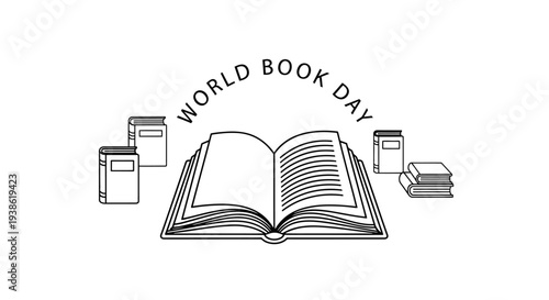 World Book Day illustration with open book and surrounding books.