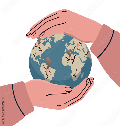 Caring human hands gently cradling and protecting a damaged, cracked earth, symbolizing peace, global unity, and healing from wars and conflicts