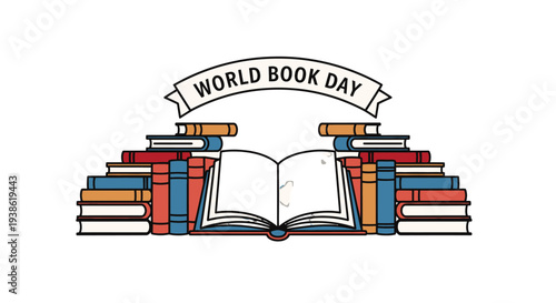 Colorful illustration for World Book Day with stacked books and open book.