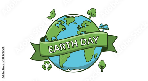 Earth Day illustration with globe and eco-friendly elements.