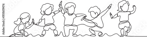 Continuous line of children scribbling on the wall. one line art icon drawing vector