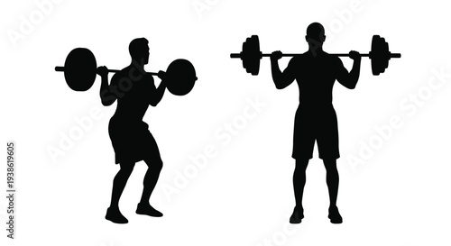 Two weightlifters performing squats in a striking black silhouette