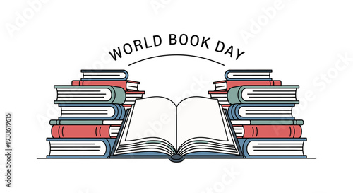 World Book Day illustration with stacks of books and open book.