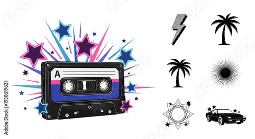Retro cassette tape with colorful starburst and graphic elements.
