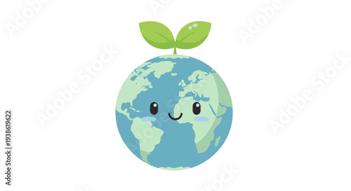 Smiling cartoon globe with green leaves on a white background.