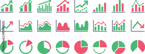 growth icon set, arrow up and down symbols, growing graph vector, business bar chart icons, ascending and descending schedule illustration, performance trend symbols, financial increase and decrease i