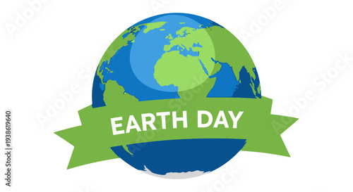 Earth Day illustration with green ribbon banner.
