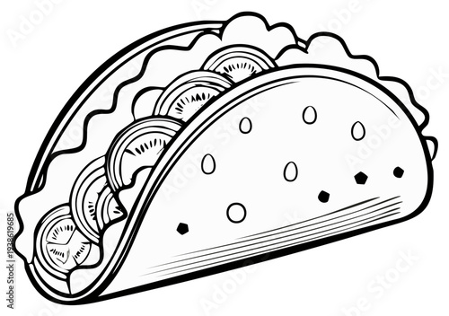 Line drawing of a delicious taco filled with fresh ingredients, perfect for food-related designs