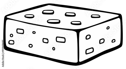 Drawn illustration of a square brownie with chocolate chips, black and white.