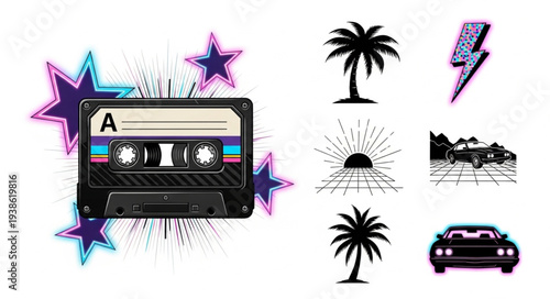 Retro cassette tape with stars and lightning bolt graphic elements.