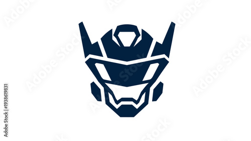 A robotic face silhouette, navy blue against a white background, suggesting technology and futuristic themes